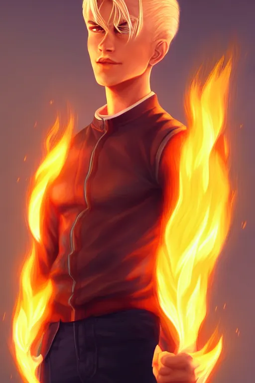 Prompt: character art by artgerm, young man, blonde hair, on fire, fire powers