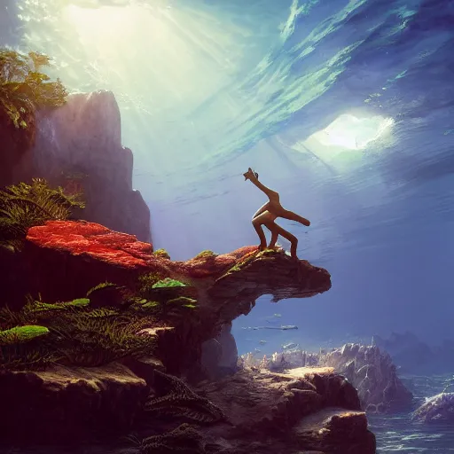 Image similar to man diving next to underwater box of treasure, beautiful dynamic lighting, cinematic, wide angle establishing shot, extremely high detail, photo realistic, cinematic lighting, post processed, concept art, artstation, matte painting, style by frederic church, raphael lacoste, unreal engine 8k