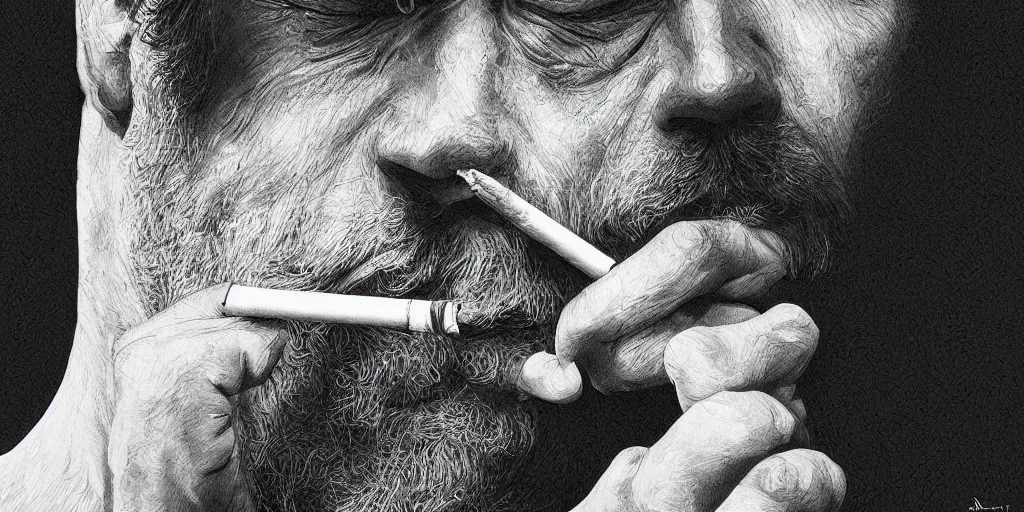 Prompt: epic hyperdetailed portrait of a man smoking a cigarette, by nicholas delort, artstation, smooth, graphic black and white. intricate, elegant.