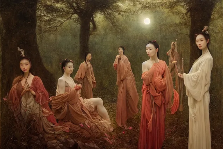 Image similar to wuxia, forest, moonlight, intricate beautiful faces, painting by gaston bussiere, agostino arrivabene, vanessa beecroft, anka zhuravleva, mary jane ansell