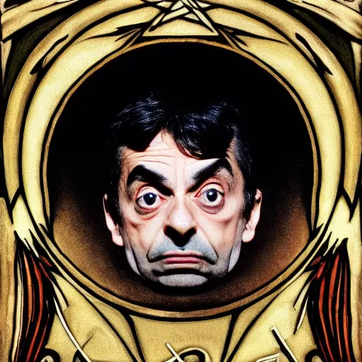 Prompt: beautiful esoteric occult art of Mr Bean as Ouroboros ,centered award winning high resolution 4k 8k 16k