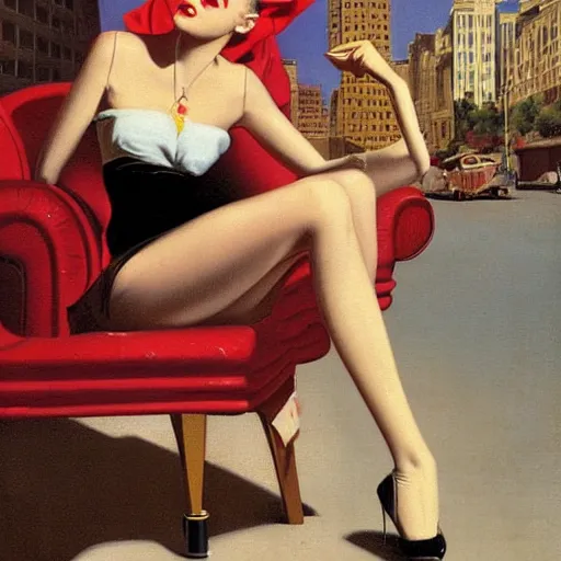 Prompt: man, city, street, kitten heel, buildings, by gil elvgren, olivia