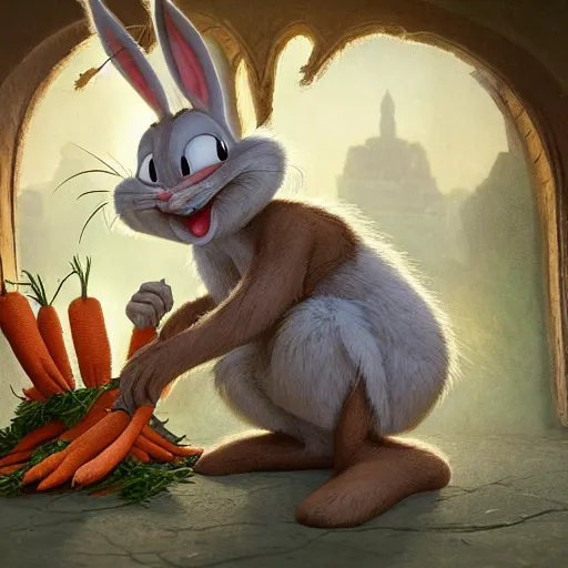 Image similar to cinematic view of bugs bunny from cartoons eating a carrot digital painting, artstation, concept art, soft light, hdri, smooth, sharp focus, illustration, fantasy, intricate, elegant, highly detailed, D&D, matte painting, in the style of Greg Rutkowski and Alphonse Mucha and artemisia, 8k, highly detailed, jurgens, rutkowski, bouguereau, pastoral, rustic, georgic