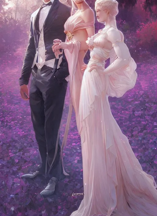 Prompt: a couple made of sparkling crystal, a man and a woman, diamond and rose quartz, full body view, beautiful high quality realistic fantasy art, trending on artstation by artgerm and greg rutkowski and alphonse mucha