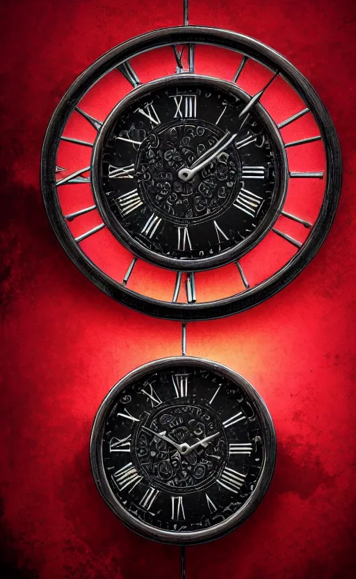 Prompt: a melting Roman numeral clock, behind a red and black gradient background, awith a black heart shaped on the top left corner and a black diamond card shape in the bottom right corner, dynamic lighting, photorealistic fantasy concept art, trending on art station, stunning visuals, cinematic, creative, ultra detailed