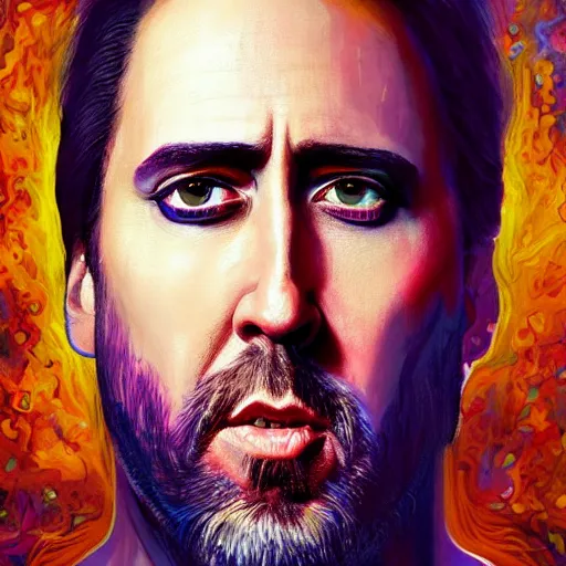 Image similar to a portrait of nicholas cage as jesus on an acid trip, upper half portrait, robotic background, psychedelic painting on face, intricate, elegant, highly detailed, digital painting, trending on artstation, concept art, smooth sharp focus, illustration, art by artgerm and greg rutkowski