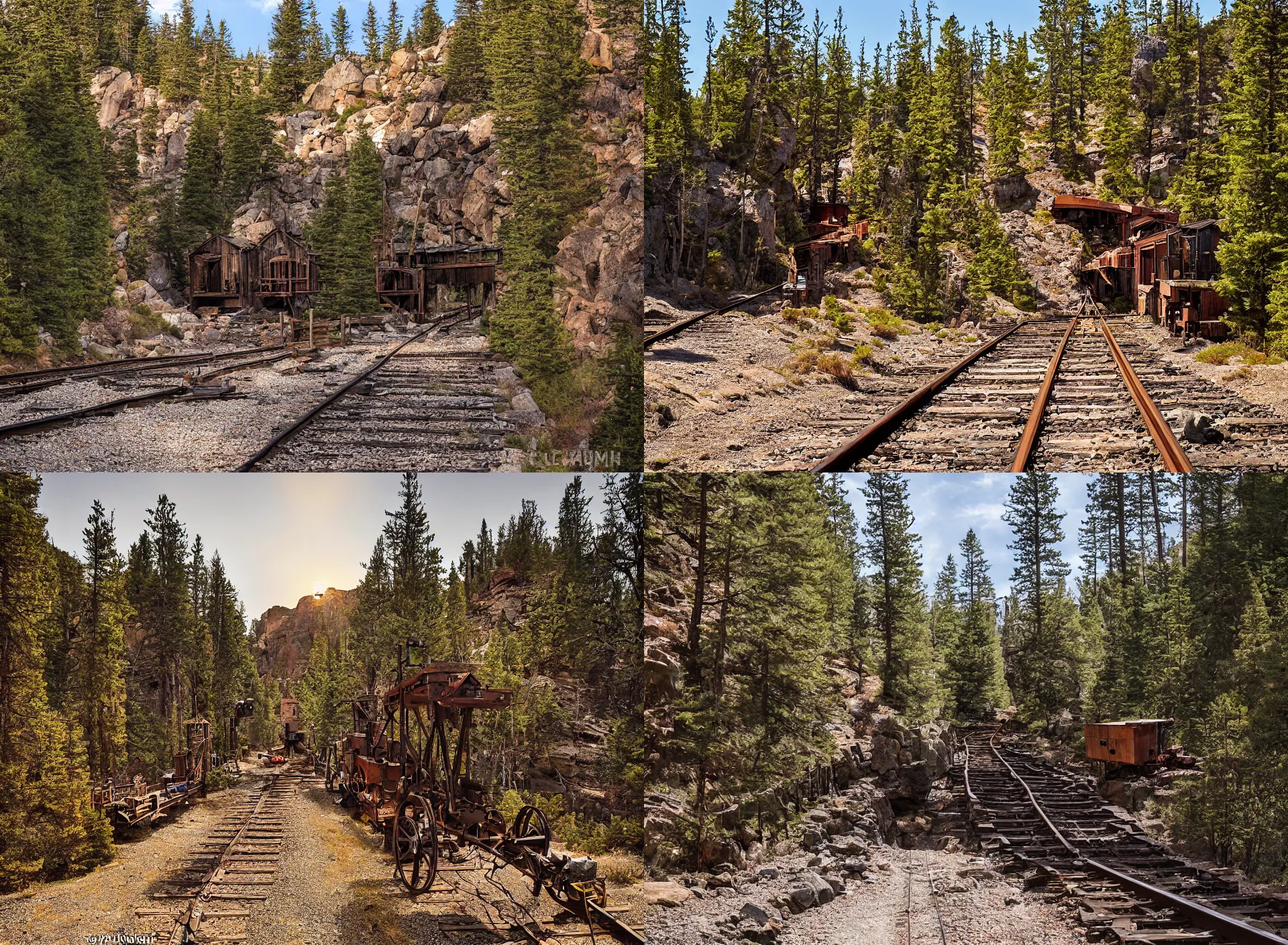 Prompt: entrance to 1900's mine, rail tracks lead from the mine, a mine cart sits on the tracks, mine cart, sheer cliffs surround the scene, high elevation, sparse pine forest long shadows, golden hour, wide angle, bierdstadt