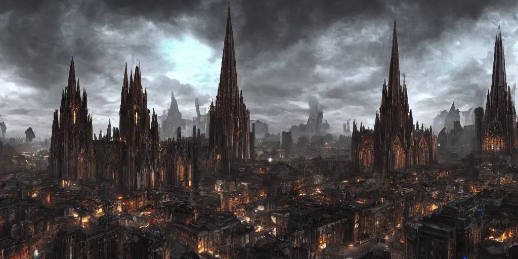 Prompt: a giant cathedral towering above the city, medieval, fantasy apocalypse, digital art, mmo, 4 k,