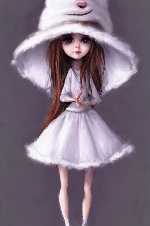 Prompt: cute doll girl big eyed with white dress and fuzzy hat by greg rutkowski and artgerm