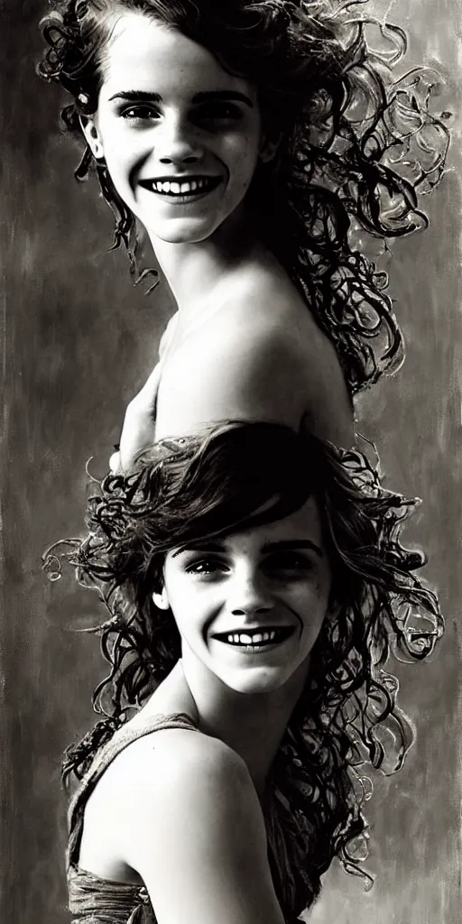 Image similar to emma watson smiling smiling smiling detailed portrait curly updo wet hair painting by gaston bussiere craig mullins j. c. leyendecker photograph by richard avedon peter lindbergh annie leibovitz