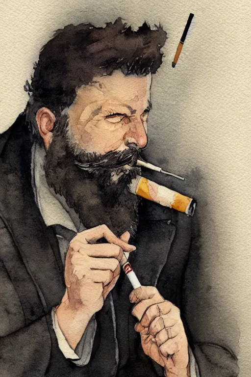 Image similar to portrait of a middle - aged writer with a beard, he is smoking a cigarette, watercolor style of greg rutkowski