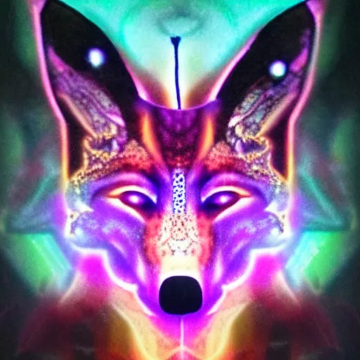 Image similar to Kirlian photo portrait portrait head face shoulders of fox shaman with mystical aura, visually appealing aesthetic within the foggy atmosphere