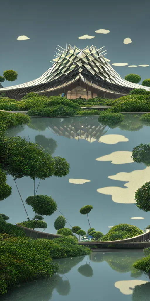 Image similar to expo 6 7 pavillion, solarpunk, studio ghibli, jean - baptiste monge, octane render, 4 k, symmetry