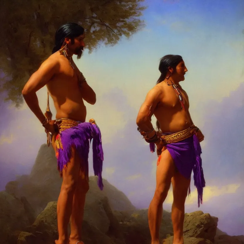 Prompt: handsome american indian in a loincloth, posing against a royal purple backdrop by ivan aivazovsky, oil painting, beautiful soft lighting, saturated colours, artstation