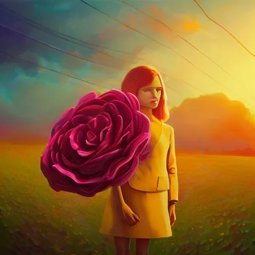 Prompt: closeup, giant rose flower head, frontal, a girl in a suit, surreal photography, sunrise, dramatic light, impressionist painting, digital painting, artstation, simon stalenhag