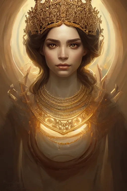 Image similar to highly detailed portrait of an elegant goddess, ornate crown, beautiful symmetrical face, digital painting, artstation, concept art, smooth, clear focus, illustration, greg rutkowski, artgerm, global lighting, detailed and fantasy