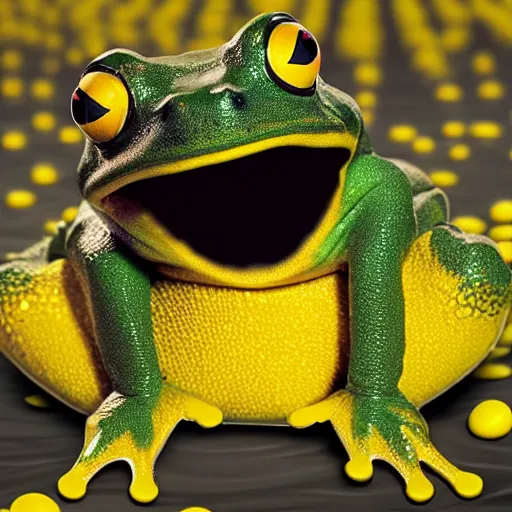 Image similar to anthropomorphic frog urinating into yellow ocean