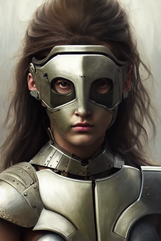 Image similar to a photorealistic painting of an attractive young girl, partially clothed in metal-plated battle armor, olive skin, long dark hair, beautiful bone structure, symmetrical face, perfect eyes, intricate, elegant, digital painting, concept art, illustration, sharp focus, minimal artifacts, from Metal Gear, in the style of Ruan Jia and Mandy Jurgens and Greg Rutkowski, trending on Artstation, award winning