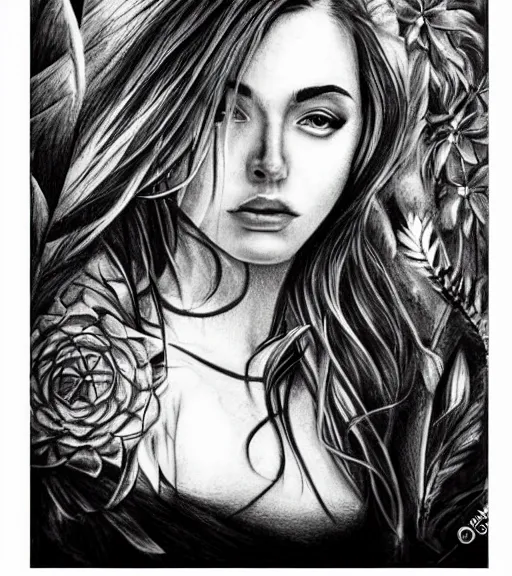 Image similar to tattoo design sketch of a beautiful woman face against a background of beautiful nature, hyper - realistic, in the style of den yakovlev, amazing detail, black and white