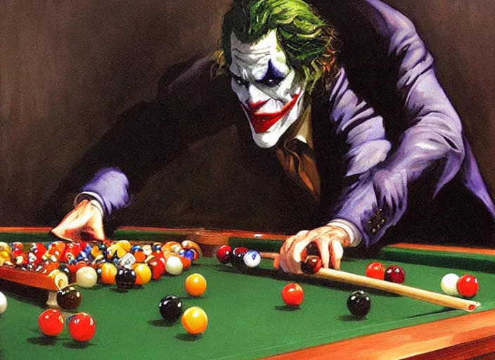 Prompt: a highly detailed beautiful portrait of the joker playing pool, by gregory manchess, james gurney, james jean