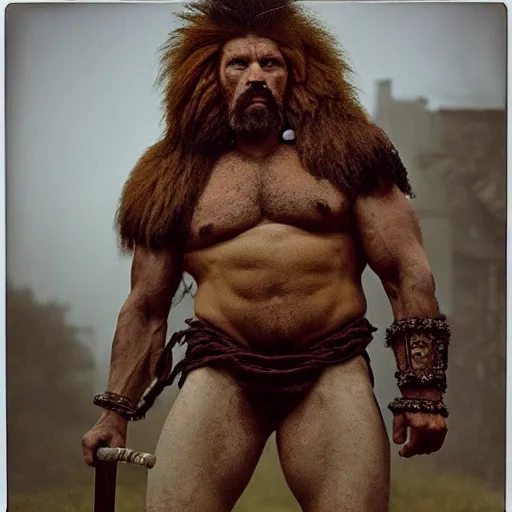 Prompt: muscular oversized lion barbarian warrior with metal chest plate in a village, Cinematic focus, Polaroid photo, vintage, neutral colors, soft lights, foggy, by Steve Hanks, by Serov Valentin, by lisa yuskavage, by Andrei Tarkovsky