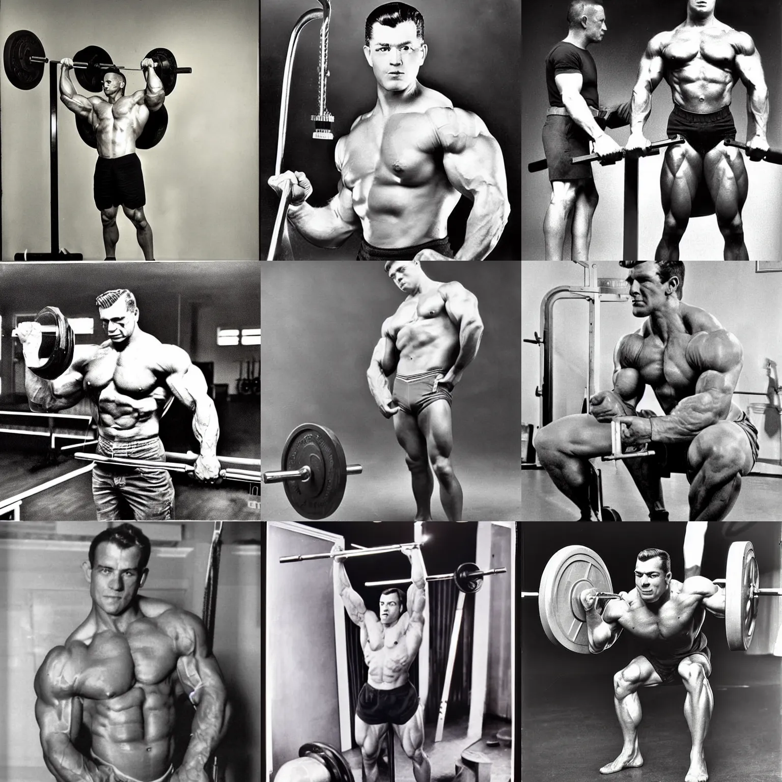 Prompt: medium shot! real photograph, very muscular male pumping iron, photograph, color vintage