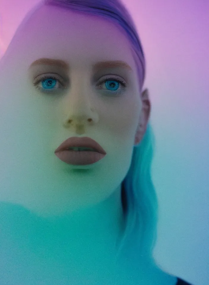 Prompt: high quality pastel coloured film close up photograph of a model in an icelandic black rock!! environment in a partially hazey dreamstate world. three point light, rainbow. photographic production. art directed. pastel colours. volumetric atmosphere. pastel gradient overlay. waves glitch artefacts. extreme facial silliness. 8 k. filmic.