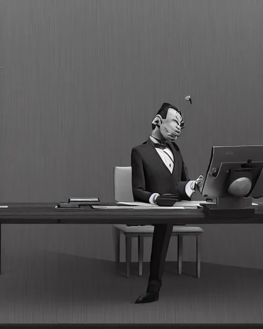 Prompt: a man in a suit and tie sitting at a desk, a screenshot by ash thorp and by philippe bouchet and by benoit mandelbrotand by thomas sanchezand by salvador trakal, polycount, video art, aftereffects, playstation 5 screenshot, criterion collection