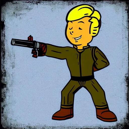 Image similar to digital art cold war poster of vault boy from fallout 3 game,