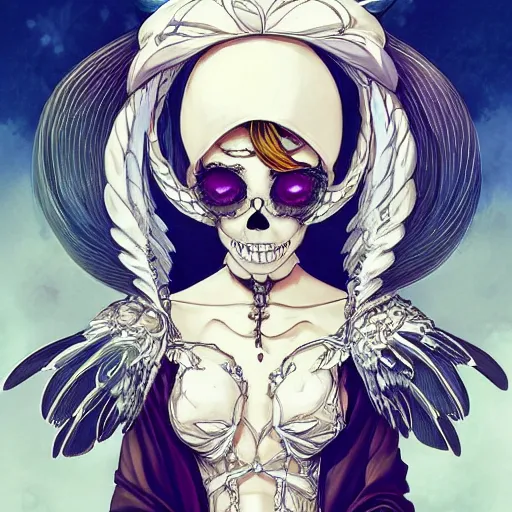 Image similar to anime manga skull portrait young woman clownskeleton, tiara, wings, intricate, elegant, highly detailed, digital art, ffffound, art by JC Leyendecker and sachin teng