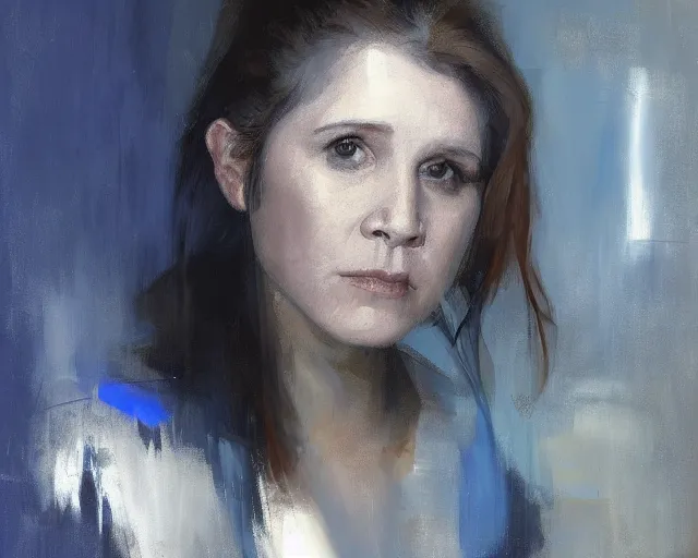 Prompt: portrait of young leia young carrie fisher 1 9 7 7 in shades of grey but with blue by jeremy mann