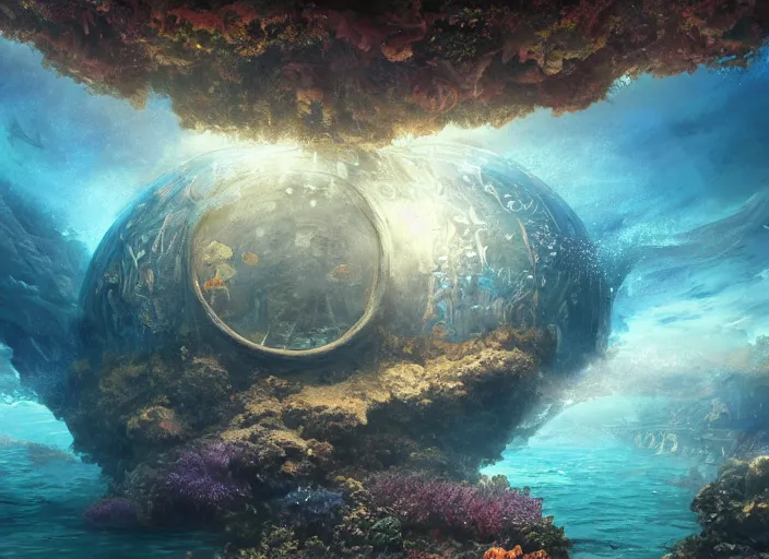 Image similar to masterpiece artwork of a underwater dome inside the ocean, au naturel, hyper detailed, digital art, trending in artstation, cinematic lighting, studio quality, smooth render, unreal engine 5 rendered, octane rendered, art style by klimt and nixeu and ian sprigger and wlop and krenz cushart