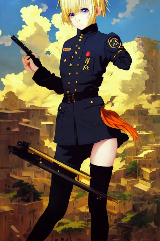 Image similar to baroque oil painting of key visual portrait full body of anime girl blonde hair blue eyes wearing black military nazi ss uniform, brutalist fantasy, rule of thirds golden ratio, fake detail, trending pixiv fanbox, acrylic palette knife, style of makoto shinkai ghibli takashi takeuchi yoshiyuki sadamoto jamie wyeth james gilleard greg rutkowski chiho aoshima