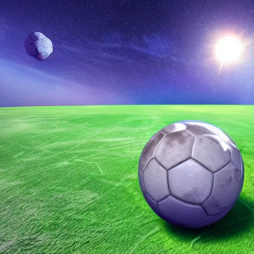 Prompt: a photo of a green soccer pitch on the moon, extreme long shot, photorealistic