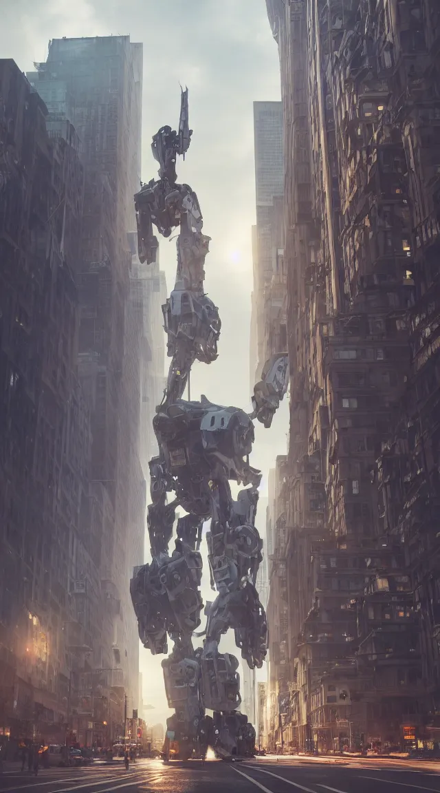 Image similar to hyperrealistic giant robot in city, stunning, realistic, highly detailed attributes and atmosphere, dim volumetric cinematic lighting, 8 k octane extremely hyper - detailed render, post - processing, masterpiece,