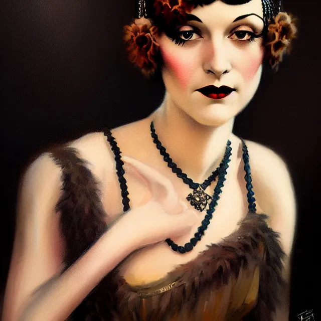 Image similar to 1 9 2 0 s woman in a flapper portrait, atmospheric lighting, painted, intricate, ultra detailed by frank frazetta, leesha hannigan, thierry doizon, kai carpenter, well composed, best on artstation, cgsociety, epic, stunning, gorgeous, intricate detail, wow, masterpiece