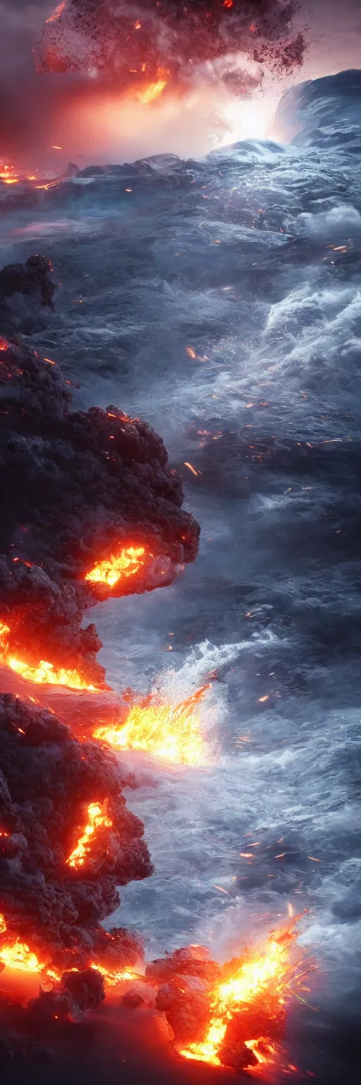 Image similar to two characters clashing & fighting over planet earth, one side water & Waterspouts & one side fire & volcano, octane render, future