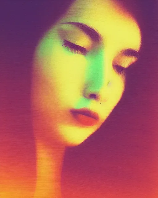 Image similar to a woman's face in the water, serene emotion, new polaroid, glitchy patterns, hazy, red, orange, yellow, soft lighting