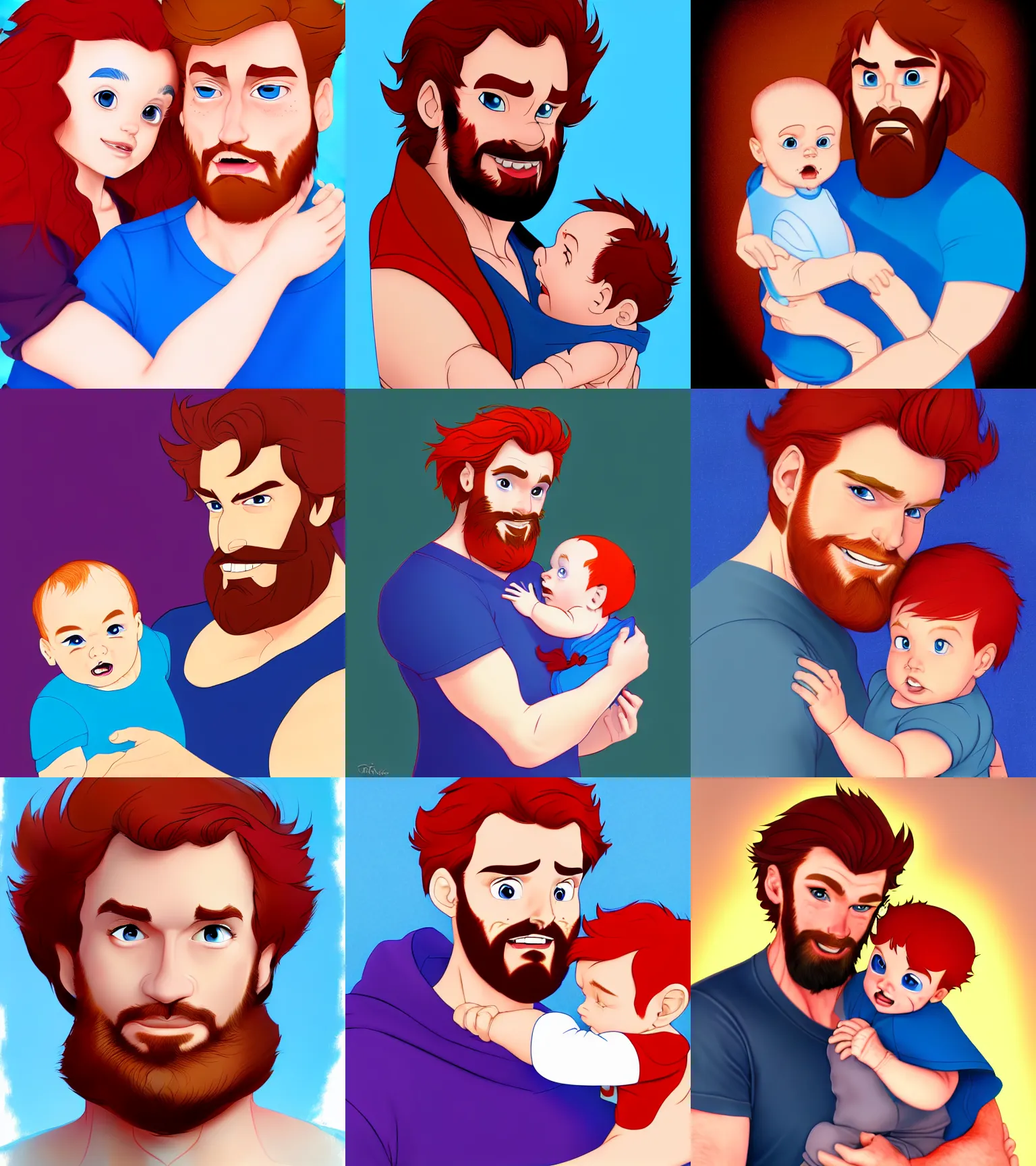 Prompt: a red - haired short red bearded father with blue eys and his four month old baby boy full color digital illustration in the style of don bluth, artgerm, artstation trending, 4 k