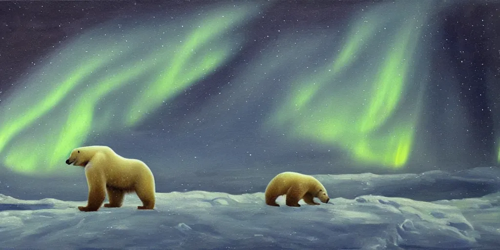 Prompt: an oil painting of a close - up polar bear traversing a snowy landscape at night, the northern lights and the moon are visible