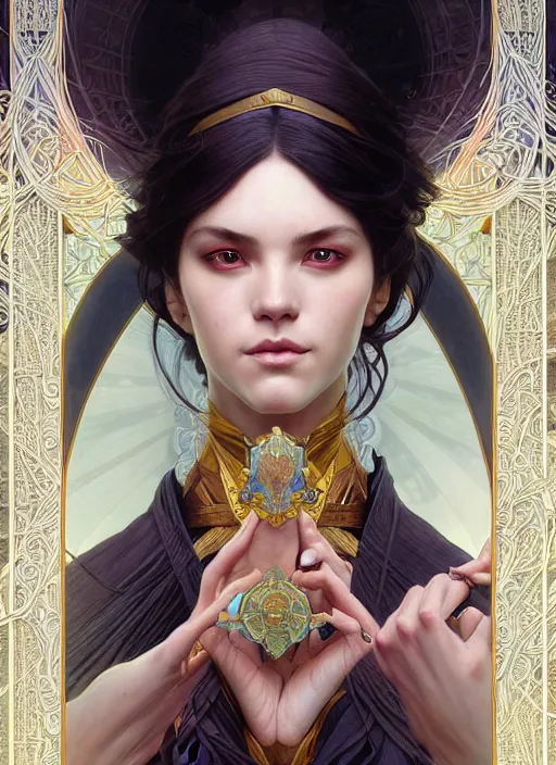 Image similar to symmetry!! portrait of a female sorcerer, dar fantasy, intricate, elegant, highly detailed, my rendition, digital painting, artstation, concept art, smooth, sharp focus, illustration, art by artgerm and greg rutkowski and alphonse mucha and huang guangjian and gil elvgren and sachin teng