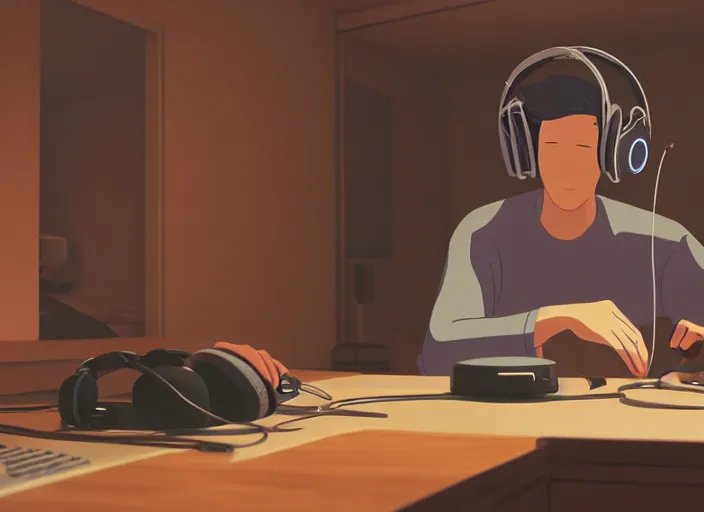 Image similar to man with headphones at his home studio producing music late at night, very detailed, 4 k, cory loftis, james gilleard, atey ghailan, makoto shinkai, goro fujita, studio ghibli, rim light, exquisite lighting, clear focus, very coherent