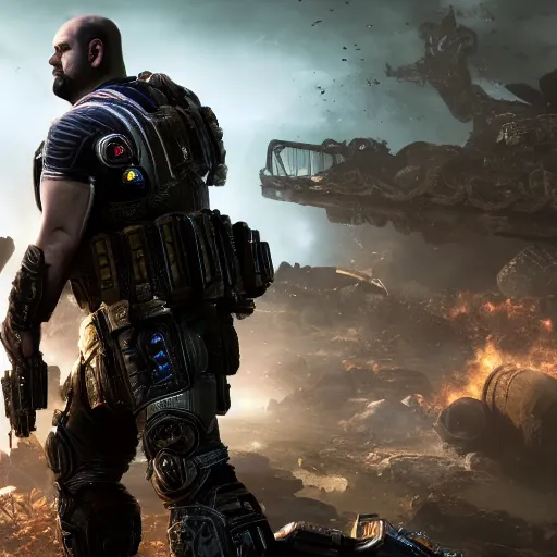 Image similar to salman rushdie in gears of war, splash art, movie still, cinematic lighting, ray tracing, octane render, long lens, shallow depth of field, bokeh, anamorphic lens flare, 8 k, hyper detailed, 3 5 mm film grain