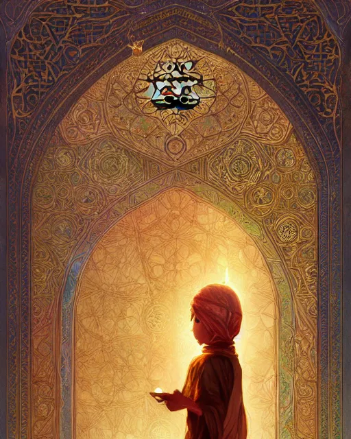 Image similar to a faceless bedouin child infront of a big open quran highly detailed, gold filigree, romantic storybook fantasy, soft cinematic lighting, award, disney concept art watercolor illustration by mandy jurgens and alphonse mucha and alena aenami, pastel color palette, featured on artstation