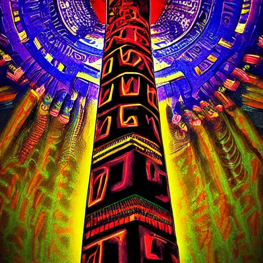 Prompt: totem to the machine god, symmetrical, coherent, hyper detailed, far shot, ominous lighting, colorful