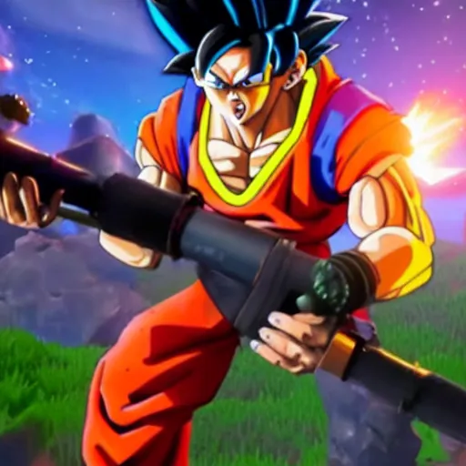 Image similar to still of goku holding a rocket launcher from fortnite
