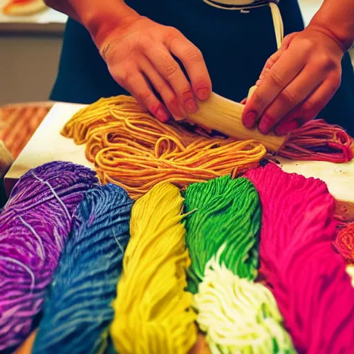 Image similar to italian chef cooking a plate of colorful yarn like spaghetti