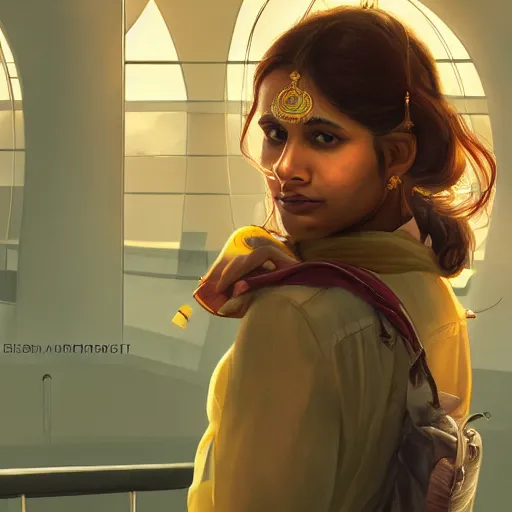 Prompt: Anxious beautiful young female Indian Doctor at Heathrow terminal, by Cedric Peyravernay, highly detailed, excellent composition, cinematic concept art, dramatic lighting, trending on ArtStation