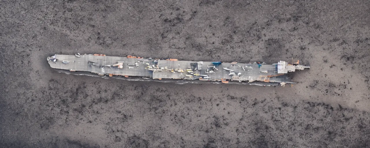 Image similar to low angle cinematic aerial shot of abandoned aircraft carrier in the middle of black sand beach in iceland