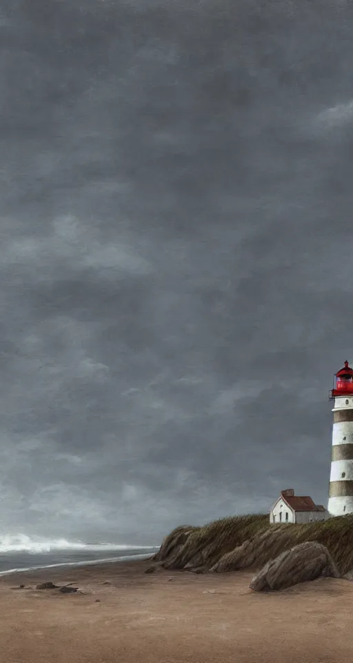 Prompt: wide - shot of lighthouse on the sand seashore, waves, misty background, from the game pathologic 2, highly detailed, sharp focus, matte painting, by isaac levitan and asher brown durand,